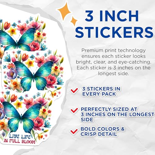 (3 Pack) Butterfly Flower Decals - Live Life in Full Bloom - Laptop Decals - 3 Inches On Longest Side - Easy Peel & Apply - Made in USA - 3MCS0072