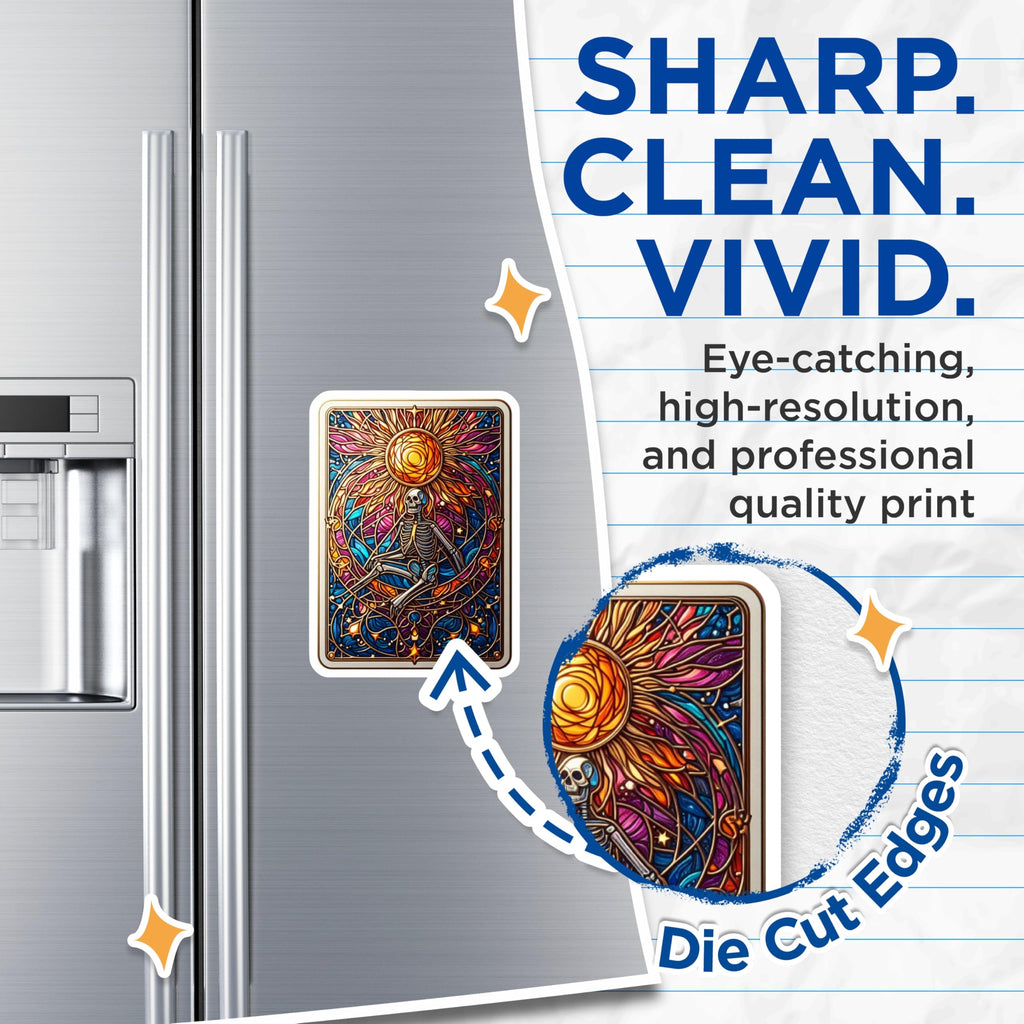 (2 Pack) Stained Glass Skeleton Magnets - Mystical Sun Art - Vibrant Cosmic Decor - 5 Inches On Longest Side - Thick Durable Magnet - Made in USA - MAG21042