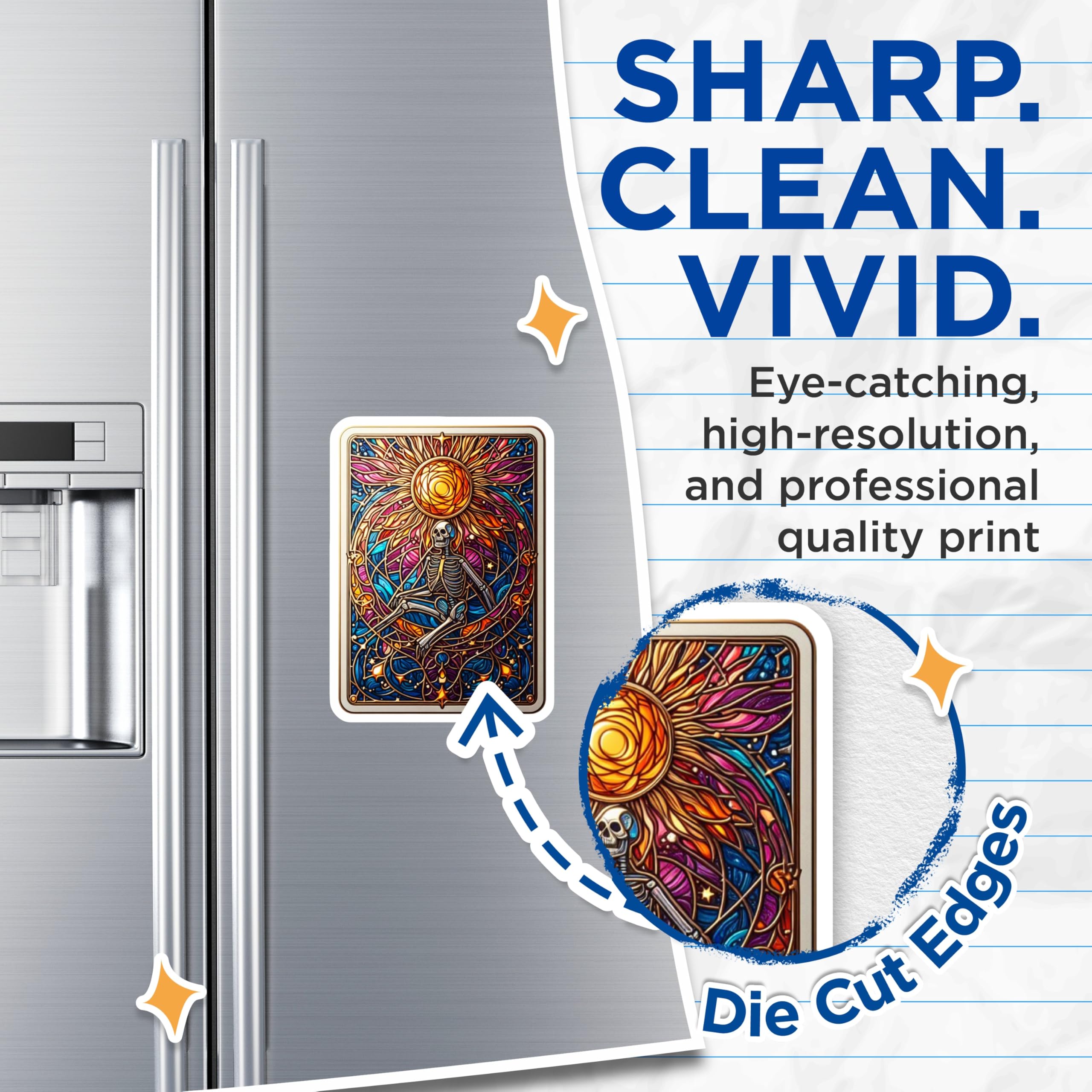 (2 Pack) Stained Glass Skeleton Magnets - Mystical Sun Art - Vibrant Cosmic Decor - 5 Inches On Longest Side - Thick Durable Magnet - Made in USA - MAG21042