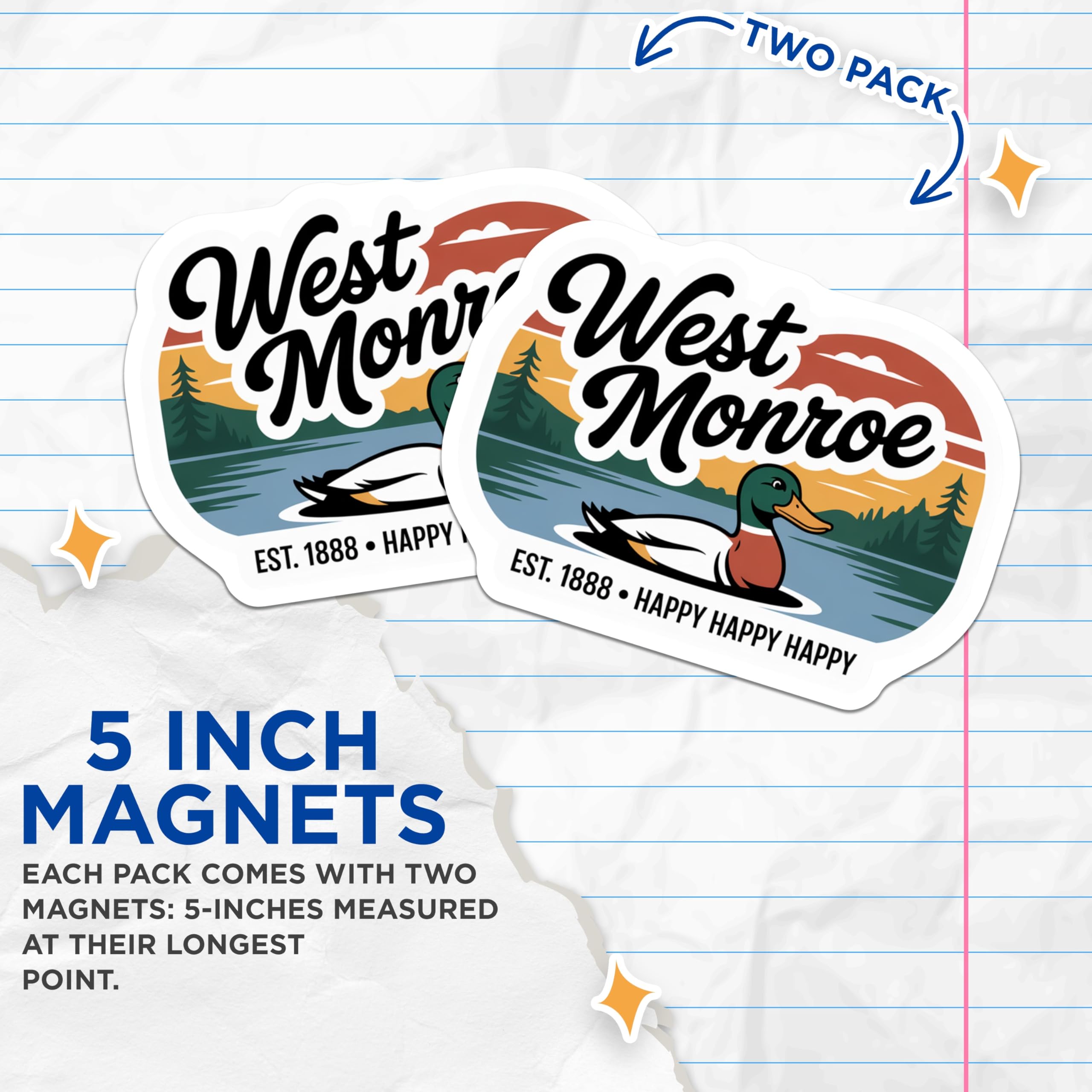 (2 Pack) West Monroe Magnets - Duck Souvenir - Happy Est 1888 Fridge Decor - 5" On Longest Side - Premium Magnet - for Cars, Refrigerators, Toolboxes, Lockers - Made in USA - MAG18756