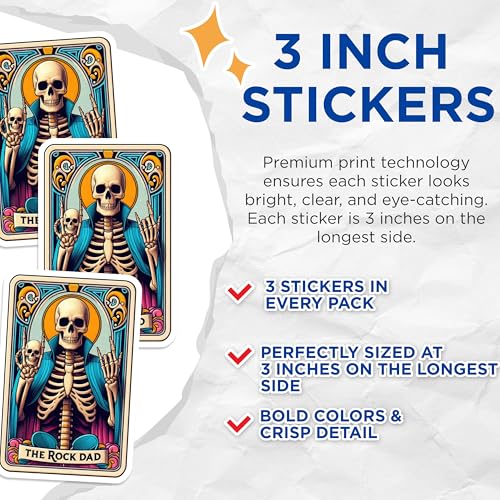 (3 Pack) Rock Dad Decals - Funny Skeleton Decal - Rock and Roll Decals - 3 Inches On Longest Side - Easy Peel & Apply - Made in USA - 3MCS4256