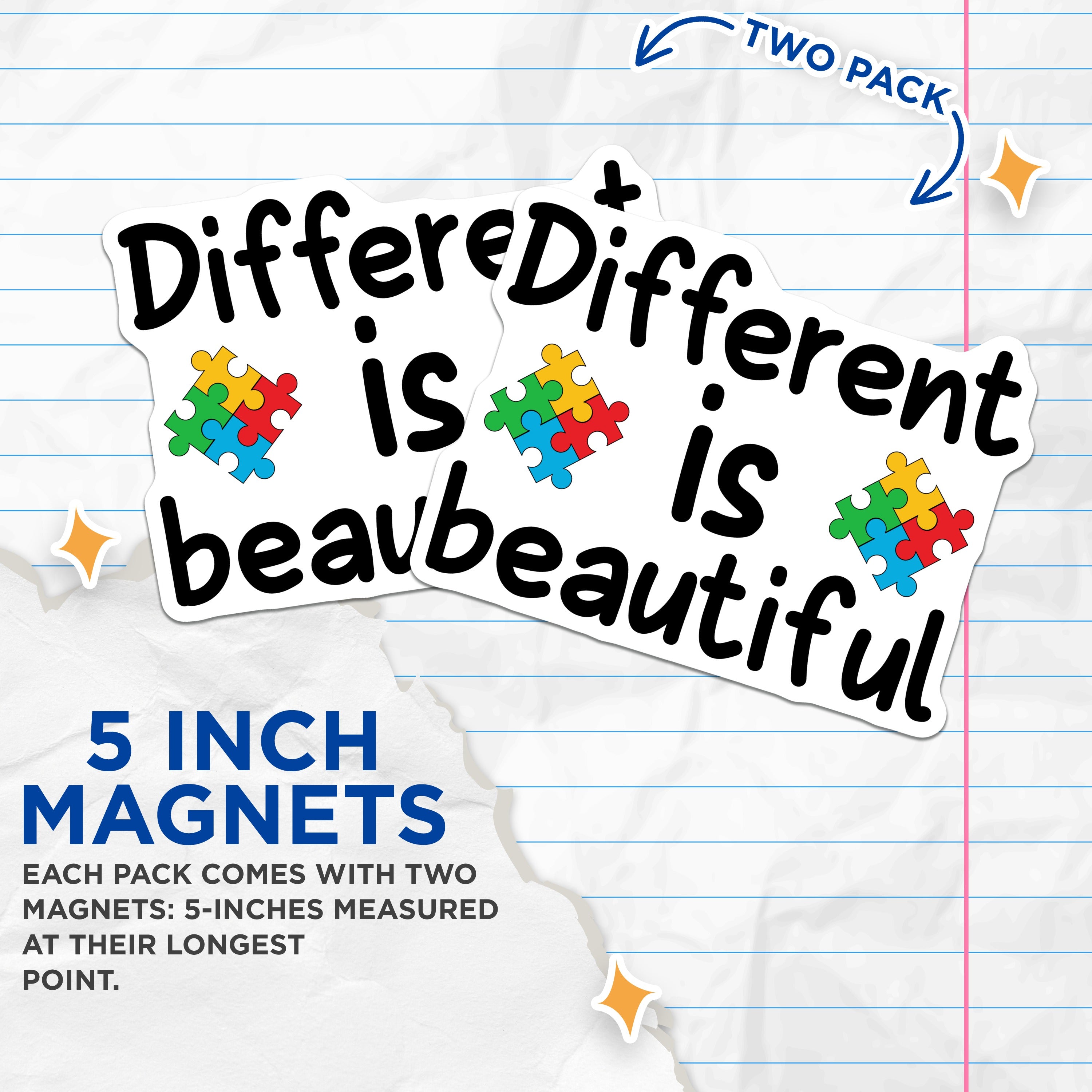 (2 Pack) Autism Awareness Magnets - Neurodiversity Acceptance Decor - Different is Beautiful Quote - 5 Inches On Longest Side - Thick Durable Magnet - Made in USA - MAG38984