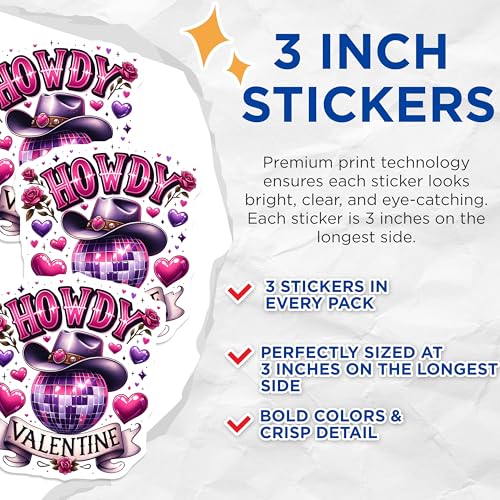 (3 Pack) Howdy Valentine Decals - Disco Ball Decal - Cowboy Hat Laptop Decal - 3 Inches On Longest Side - Easy Peel & Apply - Made in USA - 3MCS1913