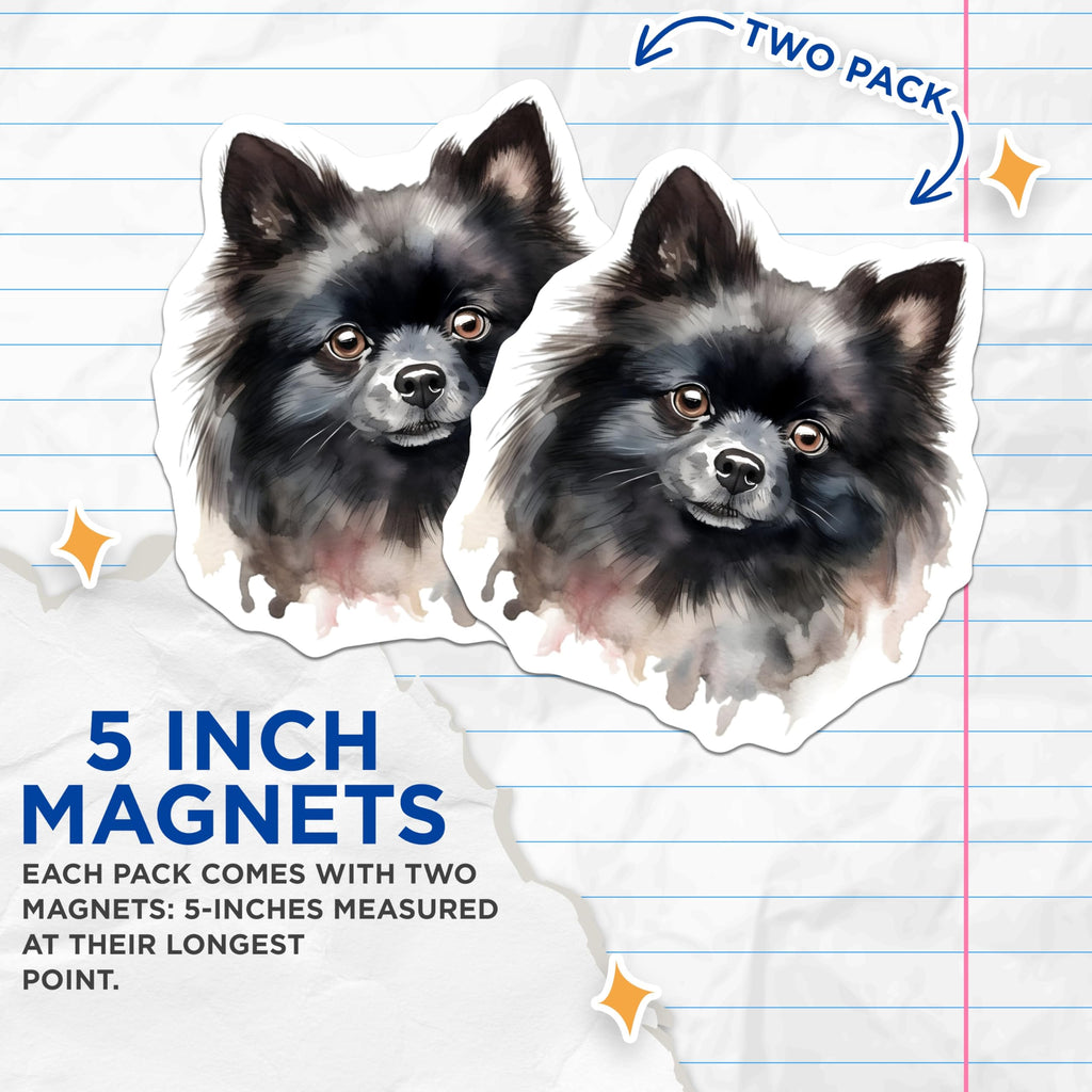 (2 Pack) Black Pomeranian Magnets - Watercolor Dog Art - Fluffy Pom Pet Lover Decor - Dog Mom Kitchen Fridge - 5 Inches On Longest Side - Thick Durable Magnet - Made in USA - MAG26602