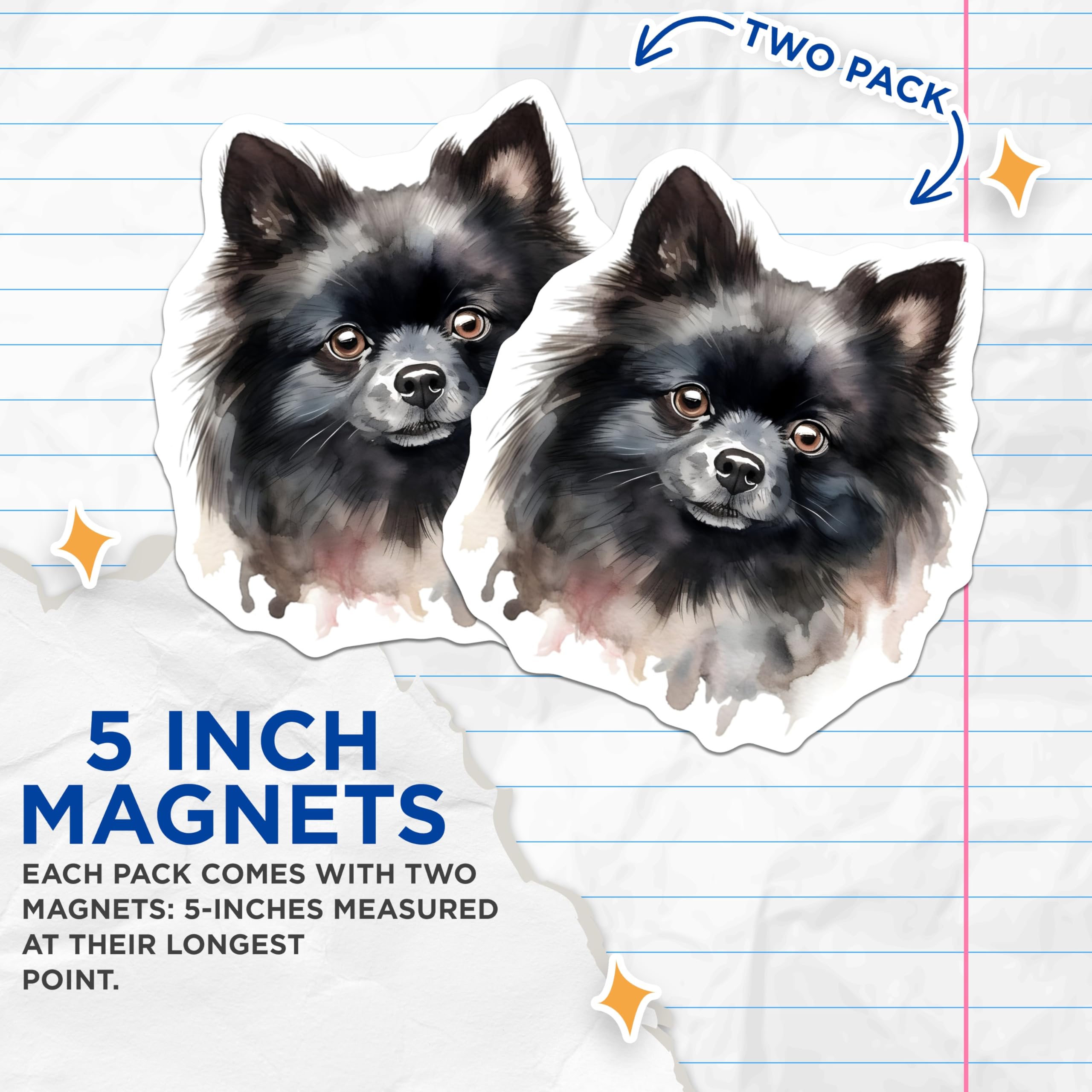 (2 Pack) Black Pomeranian Magnets - Watercolor Dog Art - Fluffy Pom Pet Lover Decor - Dog Mom Kitchen Fridge - 5 Inches On Longest Side - Thick Durable Magnet - Made in USA - MAG26602