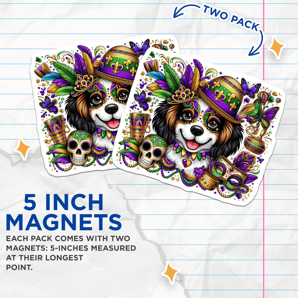 (2 Pack) Mardi Gras Dog Magnets - Cavalier King Charles - Party Decorations Fridge Magnets - 5" On Longest Side - Premium Magnet - for Cars, Refrigerators, Toolboxes, Lockers - Made in USA - MAG16073