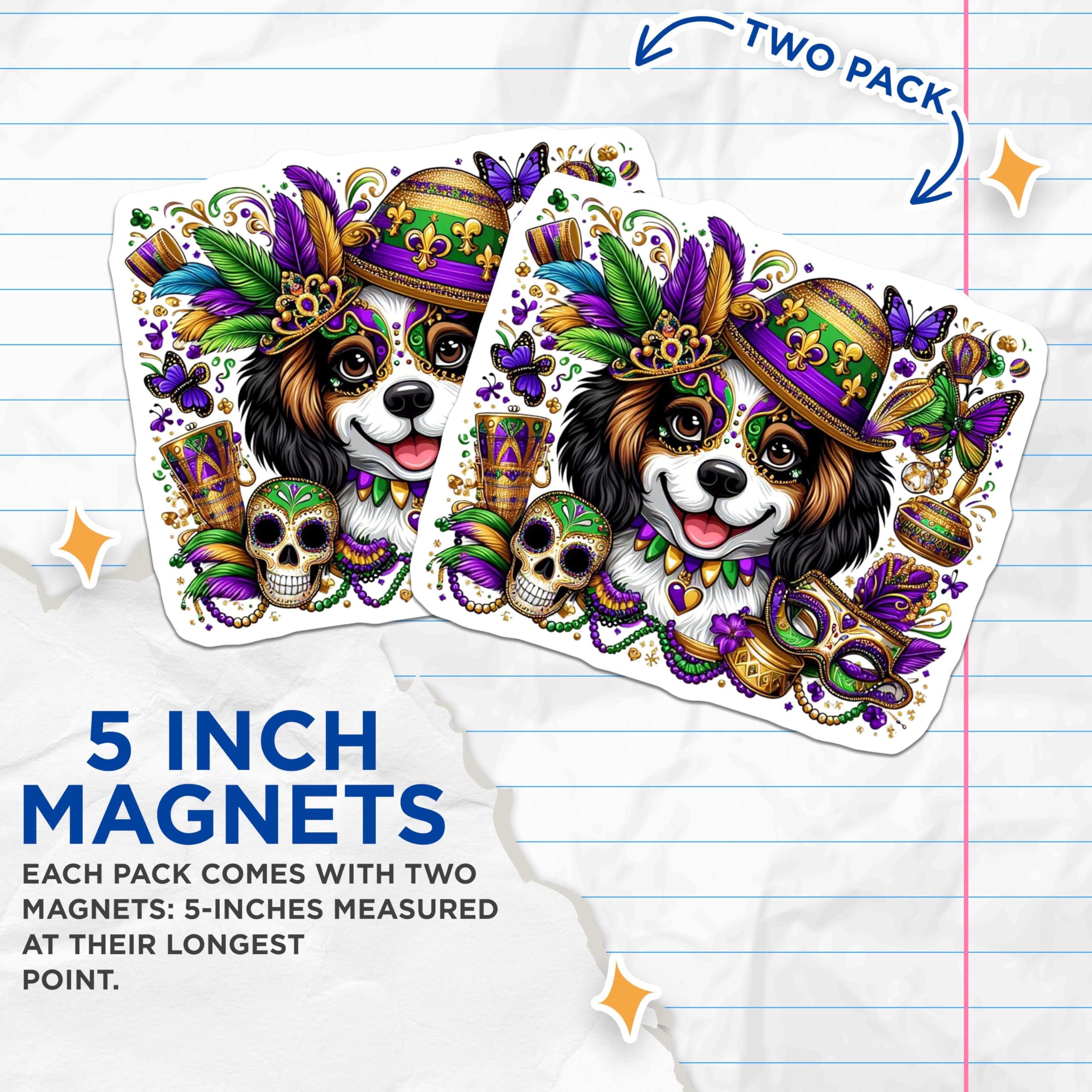 (2 Pack) Mardi Gras Dog Magnets - Cavalier King Charles - Party Decorations Fridge Magnets - 5" On Longest Side - Premium Magnet - for Cars, Refrigerators, Toolboxes, Lockers - Made in USA - MAG16073
