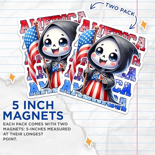(2 Pack) Grim Reaper Patriotic Magnets - Cute Skeleton - American Flag Art - Memorial Day Decor - 5" On Longest Side - for Cars, Fridges, Toolboxes - Made in USA - MAG7910
