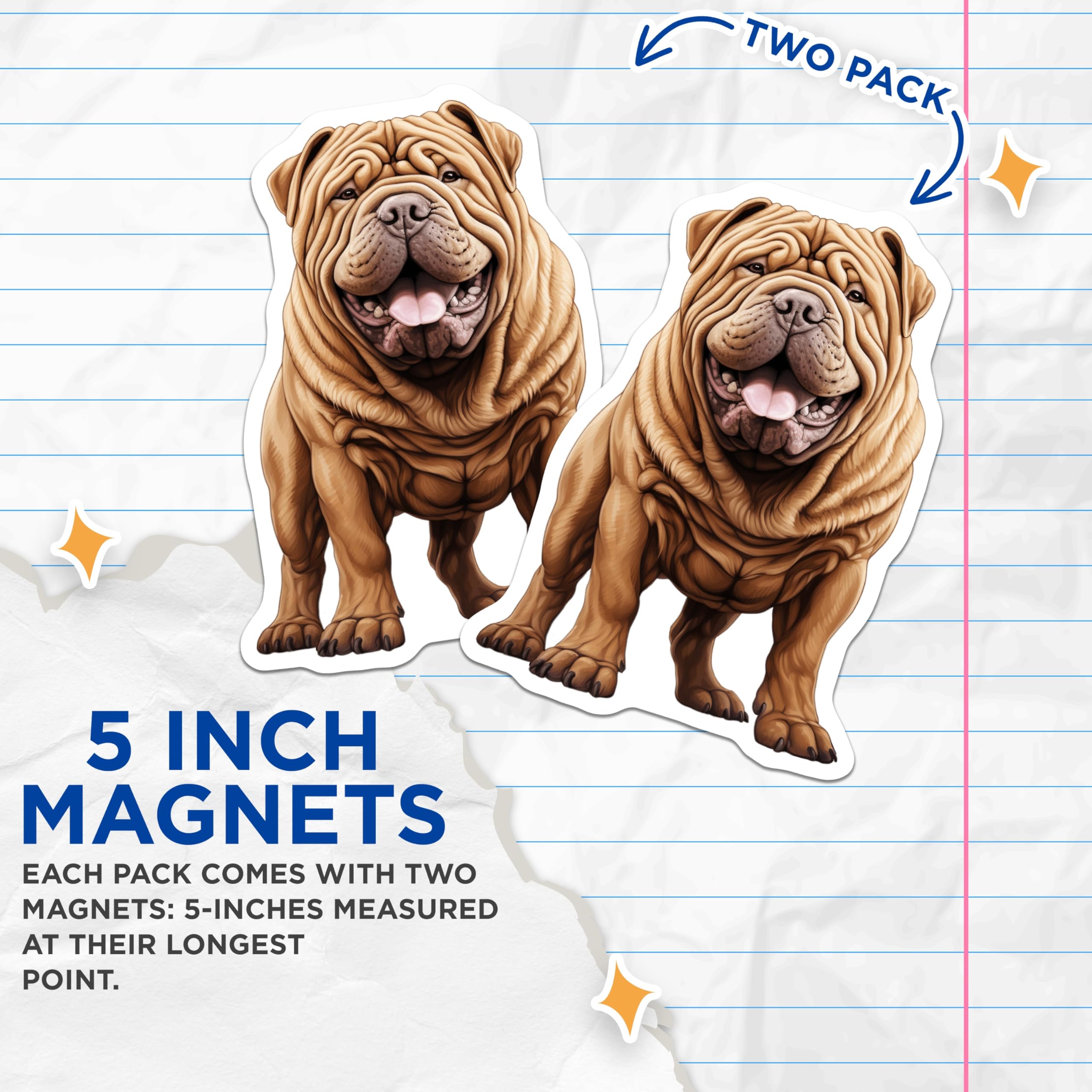 (2 Pack) Shar Pei Dog Magnets - Wrinkly Dog Lover Accessory - Happy Sharpei Art - Unique Pet Fridge Decor - 5 Inches On Longest Side - Thick Durable Magnet - Made in USA - MAG28230