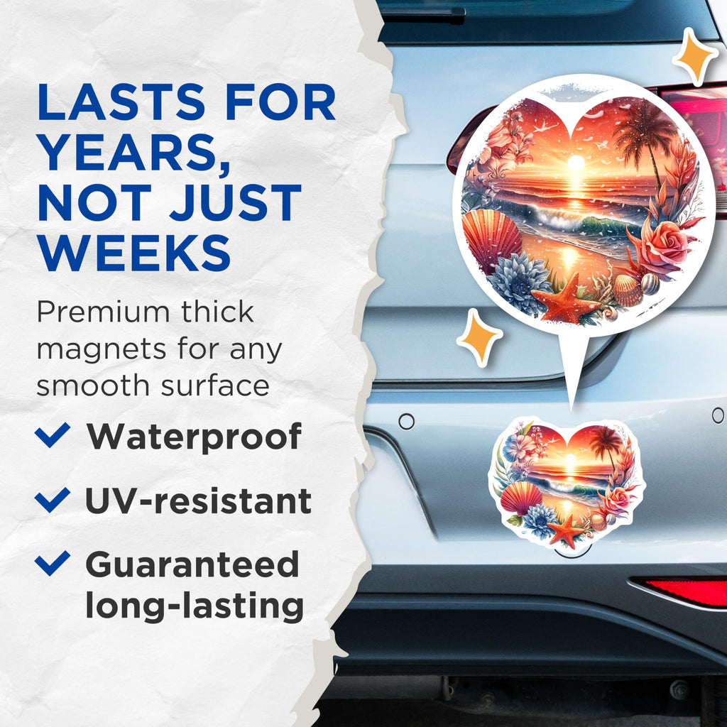 (2 Pack) Beach Heart Magnets - Ocean Sunset Decor - Coastal Home Accent Fridge Magnets - 5" On Longest Side - Premium Magnet - for Cars, Refrigerators, Toolboxes, Lockers - Made in USA - MAG14633