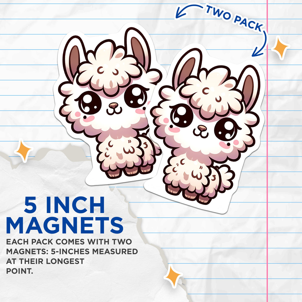 (2 Pack) Adorable Kawaii Llama Magnets - Cute Fluffy Animal Accent - Refrigerator Locker Kitchen Fun - 5 Inches On Longest Side - Thick Durable Magnet - Made in USA - MAG38582