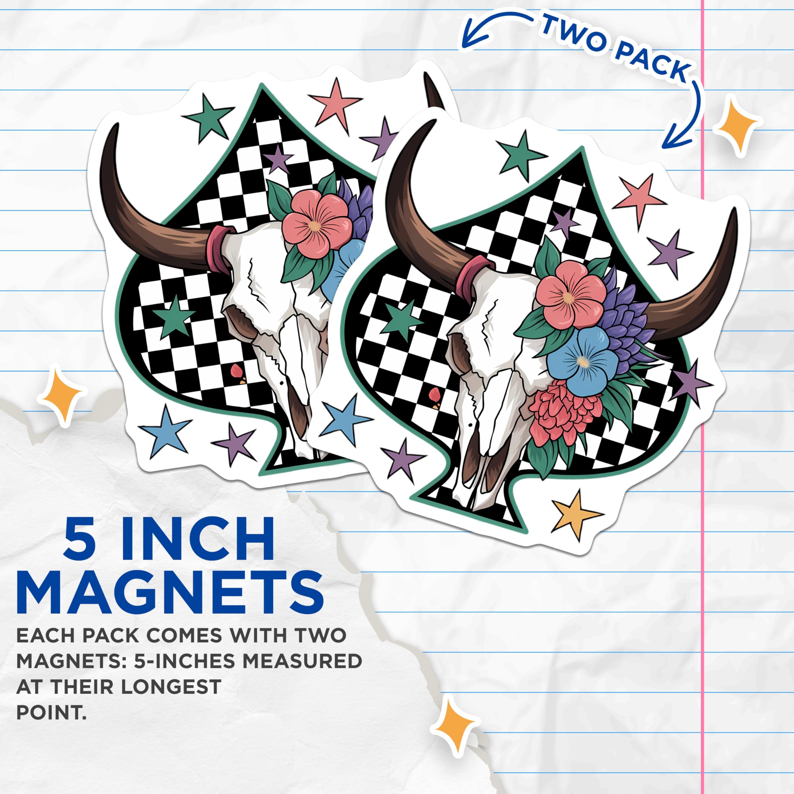 (2 Pack) Longhorn Skull Magnets - Floral Western Decor - Checkered Spade Art - Boho Southwestern Home Decor Accents - 5 Inches On Longest Side - Thick Durable Magnet - Made in USA - MAG21122