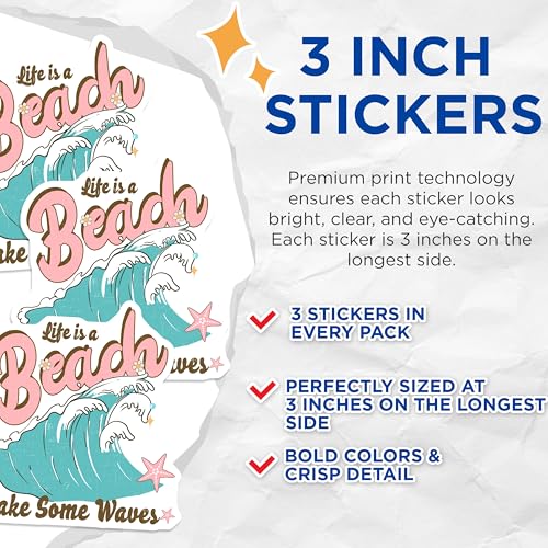 (3 Pack) Beach Life Decals - Ocean Wave Sticker - Summer Vibes Decor - 3 Inches On Longest Side - Easy Peel & Apply - Made in USA - 3MCS4998