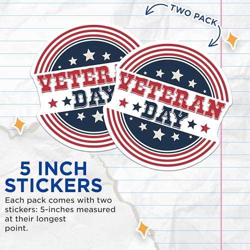 (2 Pack) Veteran Day Stickers - Patriotic USA Decoration - Stars and Stripes Decals - 5" On Longest Side - Sticks to Smooth Flat Surfaces - Made in USA - BMCS8363