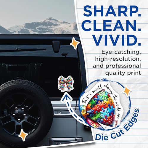 (2 Pack) Autism Awareness Puzzle Ribbon Stickers - Inspirational Quote - Colorful Bow Stickers - 5" On Longest Side - Sticks to Smooth Flat Surfaces - Made in USA - BMCS9410