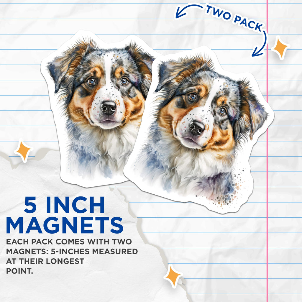 (2 Pack) Australian Shepherd Puppy Magnets - Watercolor Dog Art - Dog Mom Fridge Decor - Pet Lover Office Magnet - 5 Inches On Longest Side - Thick Durable Magnet - Made in USA - MAG27772