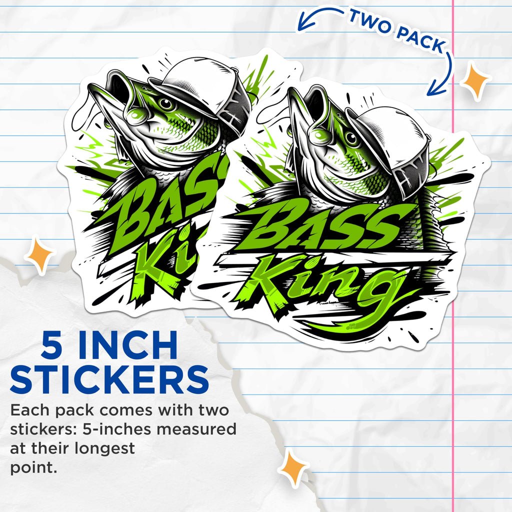 (2 Pack) Bass King Stickers - Fisherman Stickers - Fishing Enthusiast Stickers - 5" On Longest Side - Sticks to Any Smooth Flat Surface - Made in USA - BMCS3356