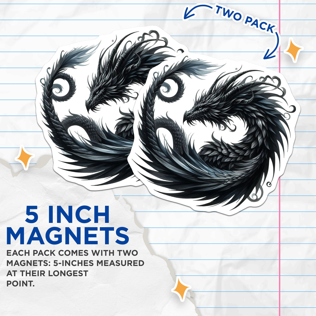 (2 Pack) Black Dragon Magnets - Dark Fantasy Decor - Mythical Creature Art - Gaming Locker Accent - 5 Inches On Longest Side - Thick Durable Magnet - Made in USA - MAG38043
