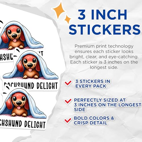 (3 Pack) Dachshund Decals - Cute Puppy - Dog Lover Gifts - 3 Inches On Longest Side - Easy Peel & Apply - Made in USA - 3MCS2400