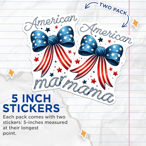 (2 Pack) American Mama Stickers - Patriotic Bow - Independence Day Decal - 5" On Longest Side - Sticks to Smooth Flat Surfaces - Made in USA - BMCS7439