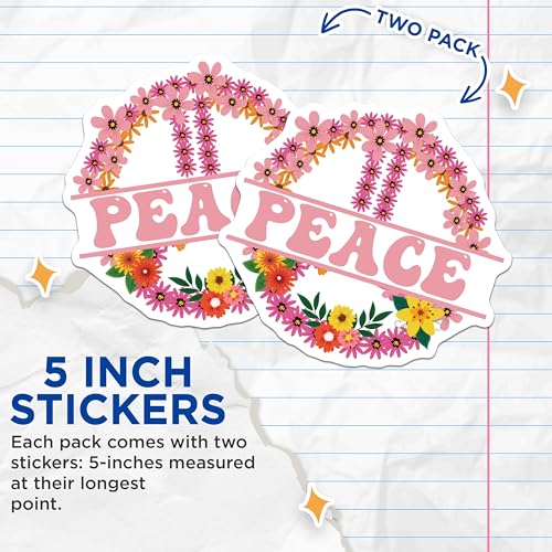 (2 Pack) Peace Flower Stickers - Hippie Vibes Stickers - Floral Peace Sign Decals - 5" On Longest Side - Sticks to Smooth Flat Surfaces - Made in USA - BMCS4709