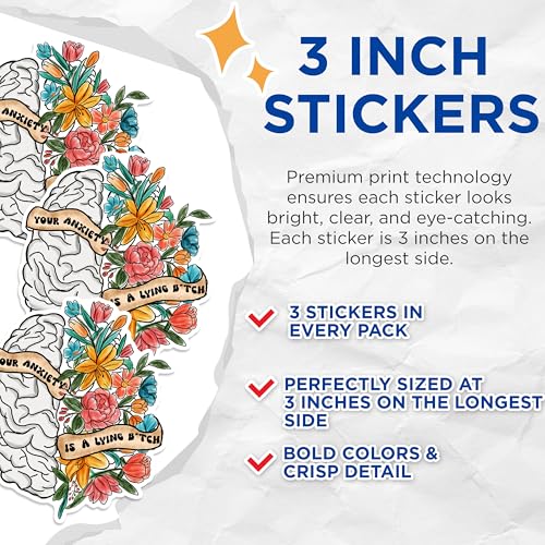 (3 Pack) Anxiety is A Liar Decals - Brain Flowers Decal - Mental Health Awareness - 3 Inches On Longest Side - Easy Peel & Apply - Made in USA - 3MCS1840