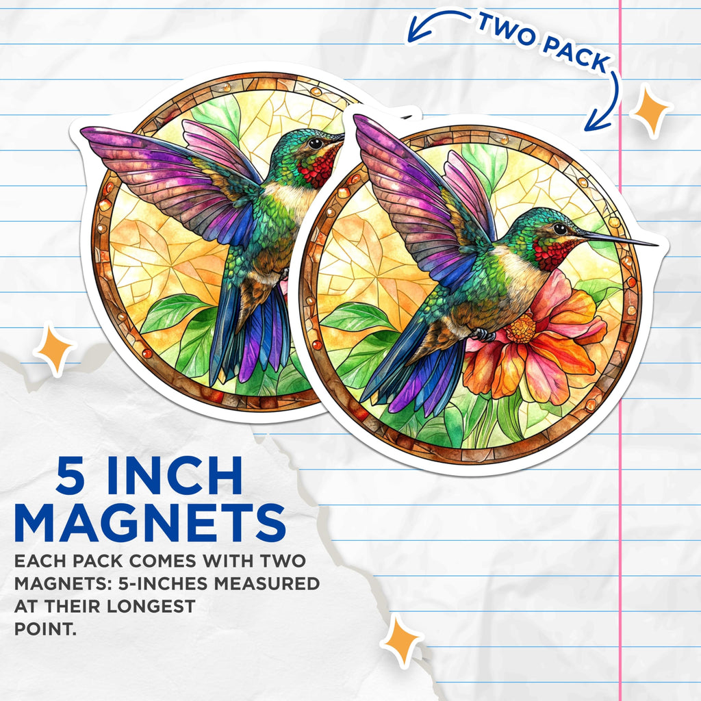 (2 Pack) Hummingbird Stained Glass Magnets - Vibrant Bird Art - Nature Lover Home Decor - 5 Inches On Longest Side - Thick Durable Magnet - Made in USA - MAG26297