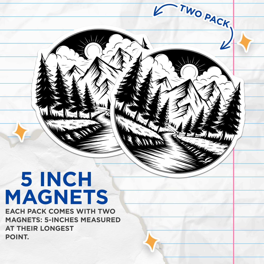 (2 Pack) Mountain Forest Magnets - Nature Landscape Art - Outdoorsy Cabin Decor - 5 Inches On Longest Side - Thick Durable Magnet - Made in USA - MAG38810