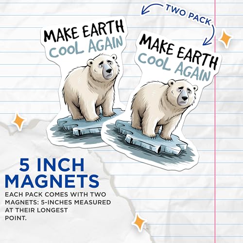(2 Pack) Make Earth Cool Again Magnets Magnets - Polar Bear - Environment Conservation - 5" On Longest Side - Made in USA - Sticks to Refrigerators & Metal Surfaces - MAG8450