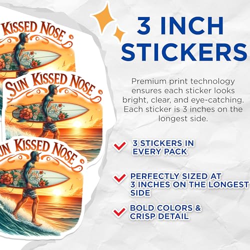 (3 Pack) Sun Kissed Nose Decals - Surfer Stickers - Ocean Vibes Stickers - 3 Inches On Longest Side - Easy Peel & Apply - Made in USA - 3MCS8071