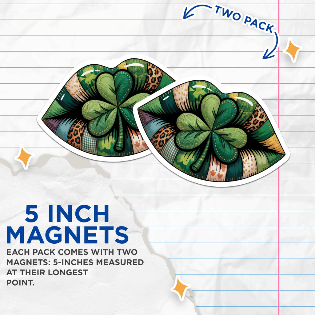 (2 Pack) Shamrock Lips Magnets - St Patricks Day Decoration - Irish Green Patchwork Art - 5 Inches On Longest Side - Thick Durable Magnet - Made in USA - MAG19591