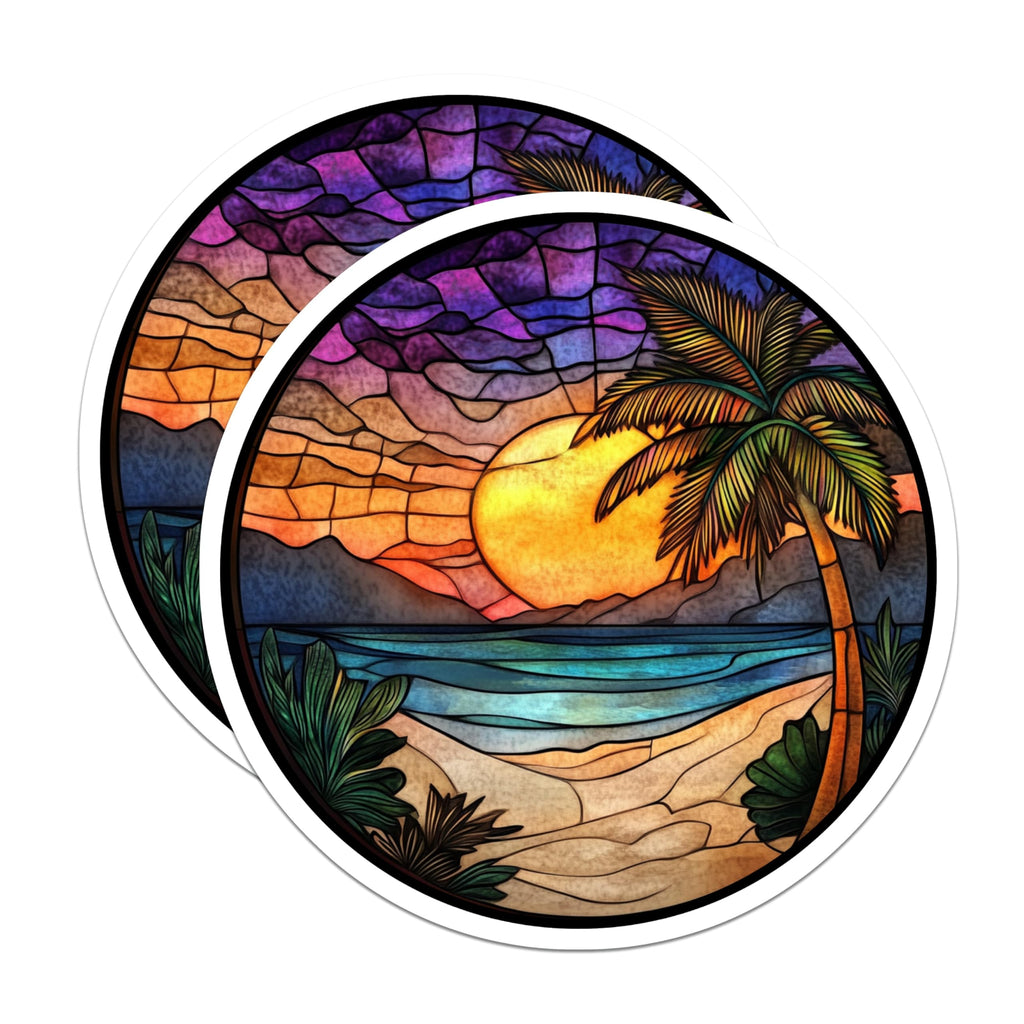 (2 Pack) Stained Glass Beach Magnets - Tropical Sunset Decor - Palm Tree Fridge Art - 5 Inches On Longest Side - Thick Durable Magnet - Made in USA - MAG26559