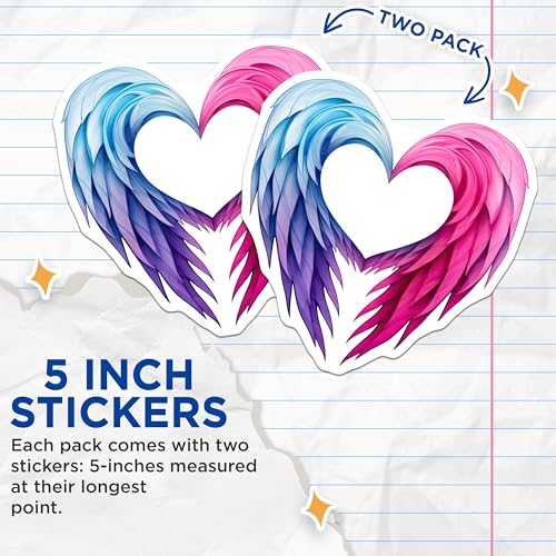 (2 Pack) Heart Wings Stickers - Colorful Heart Sticker - Unique Heart Art Stickers - 5" On Longest Side - Sticks to Smooth Flat Surfaces - Made in USA - BMCS7281