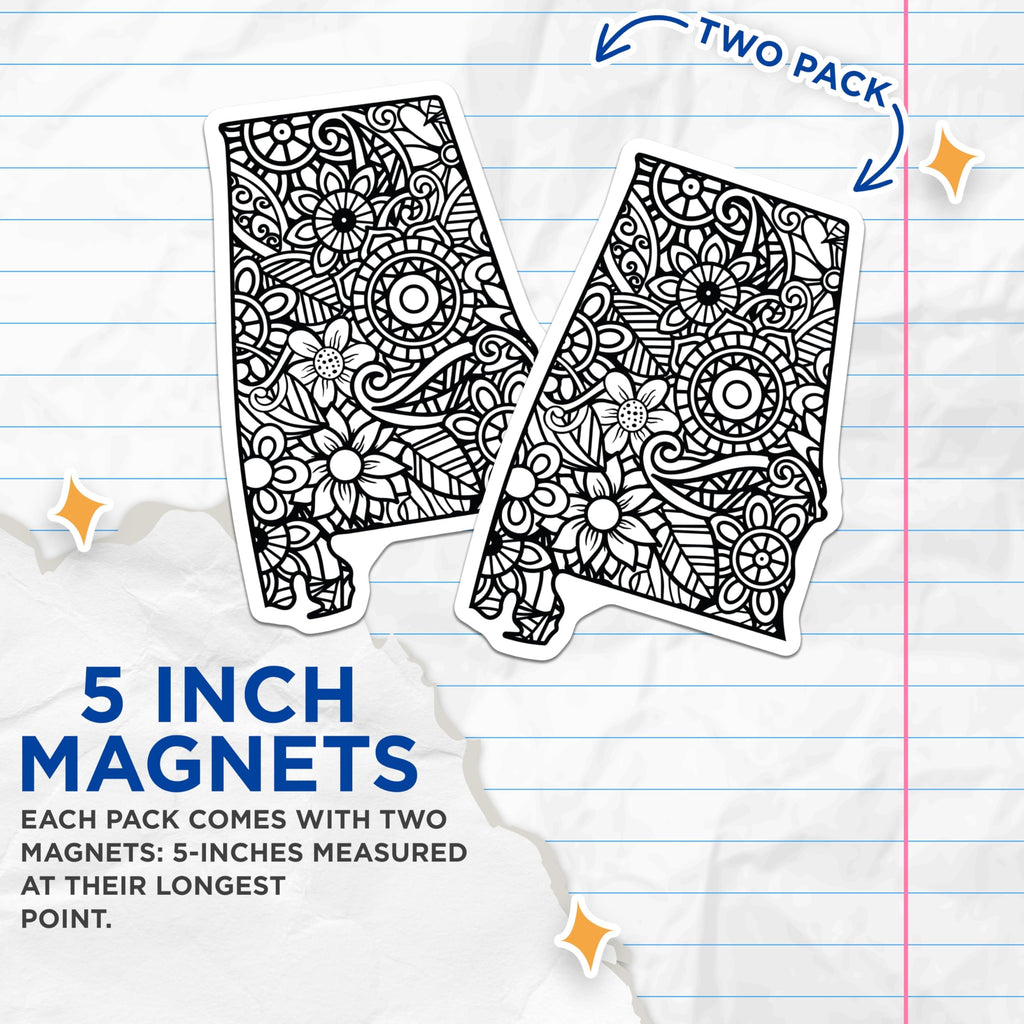 (2 Pack) Alabama State Magnets - Floral Mandala Art - Black and White Decor Magnet - 5" On Longest Side - Premium Magnet - for Cars, Refrigerators, Toolboxes, Lockers - Made in USA - MAG18724