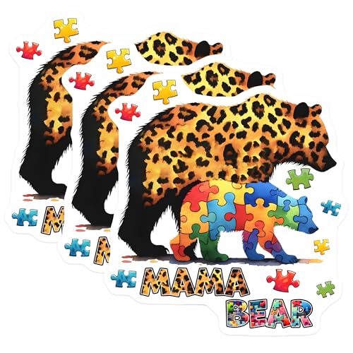 (3 Pack) Mama Bear Decals - Autism Awareness - Puzzle Piece Decals - 3 Inches On Longest Side - Easy Peel & Apply - Made in USA - 3MCS6891