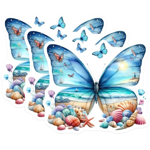(3 Pack) Butterfly Beach Decals - Ocean Scene - Laptop Decal Art- 3 Inches On Longest Side - Easy Peel & Apply - Made in USA - 3MCS5643