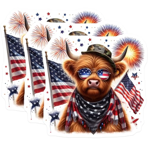 (3 Pack) Patriotic Highland Cow Decals - American Flag Decals - USA Celebration Decorations- 3 Inches On Longest Side - Easy Peel & Apply - Made in USA - 3MCS5114