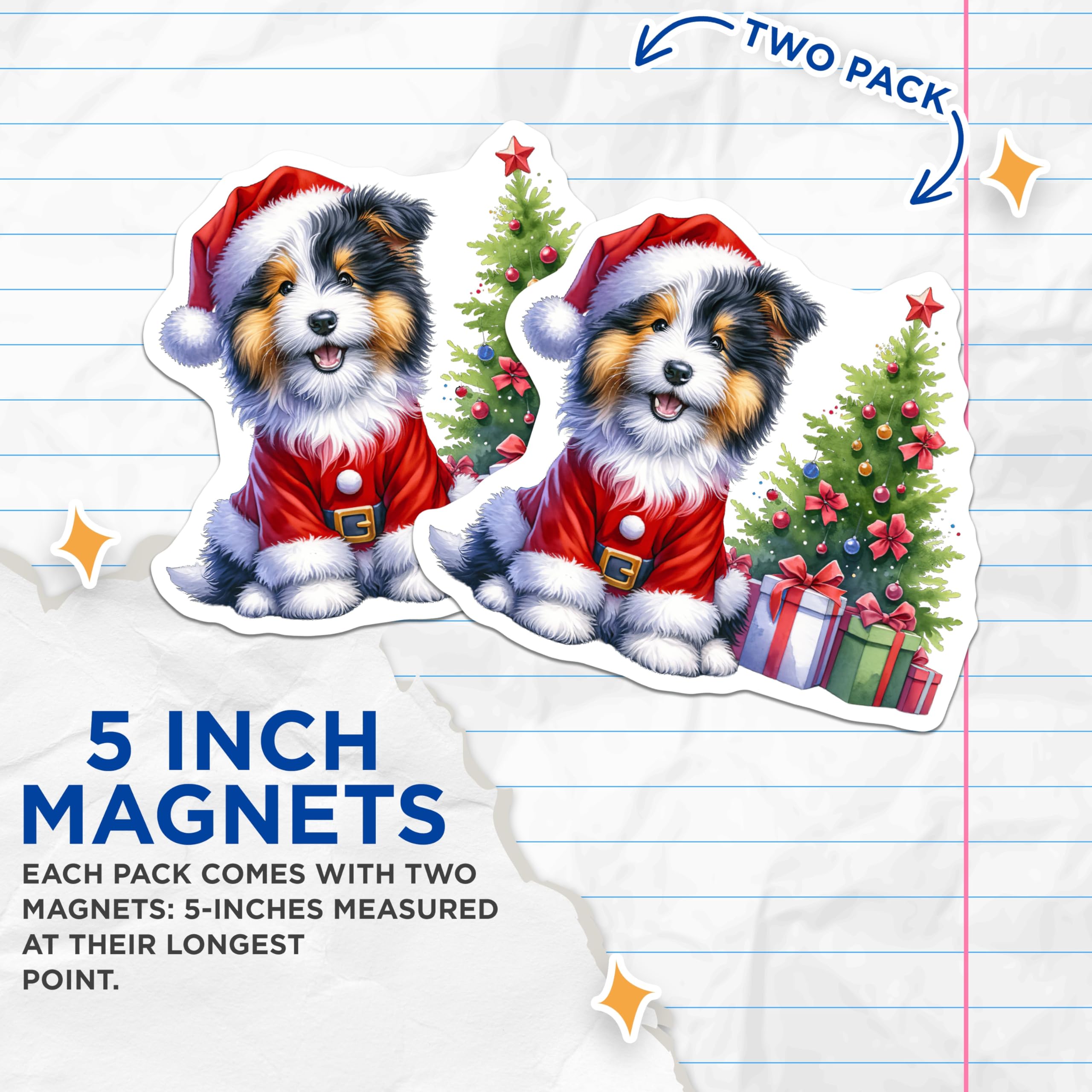 (2 Pack) Christmas Puppy Magnets - Santa Dog Decor - Holiday Refrigerator Accessory - Animal Lover Gift - 5 Inches On Longest Side - Thick Durable Magnet - Made in USA - MAG26708