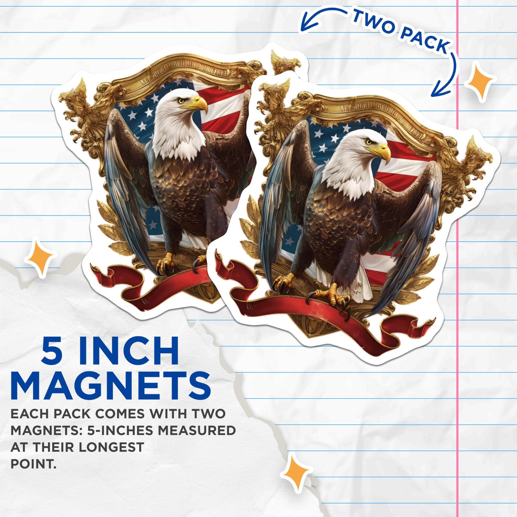 (2 Pack) Bald Eagle Magnets - American Flag Design - Patriotic USA Symbolism - 5 Inches On Longest Side - Thick Durable Magnet - Made in USA - MAG20708