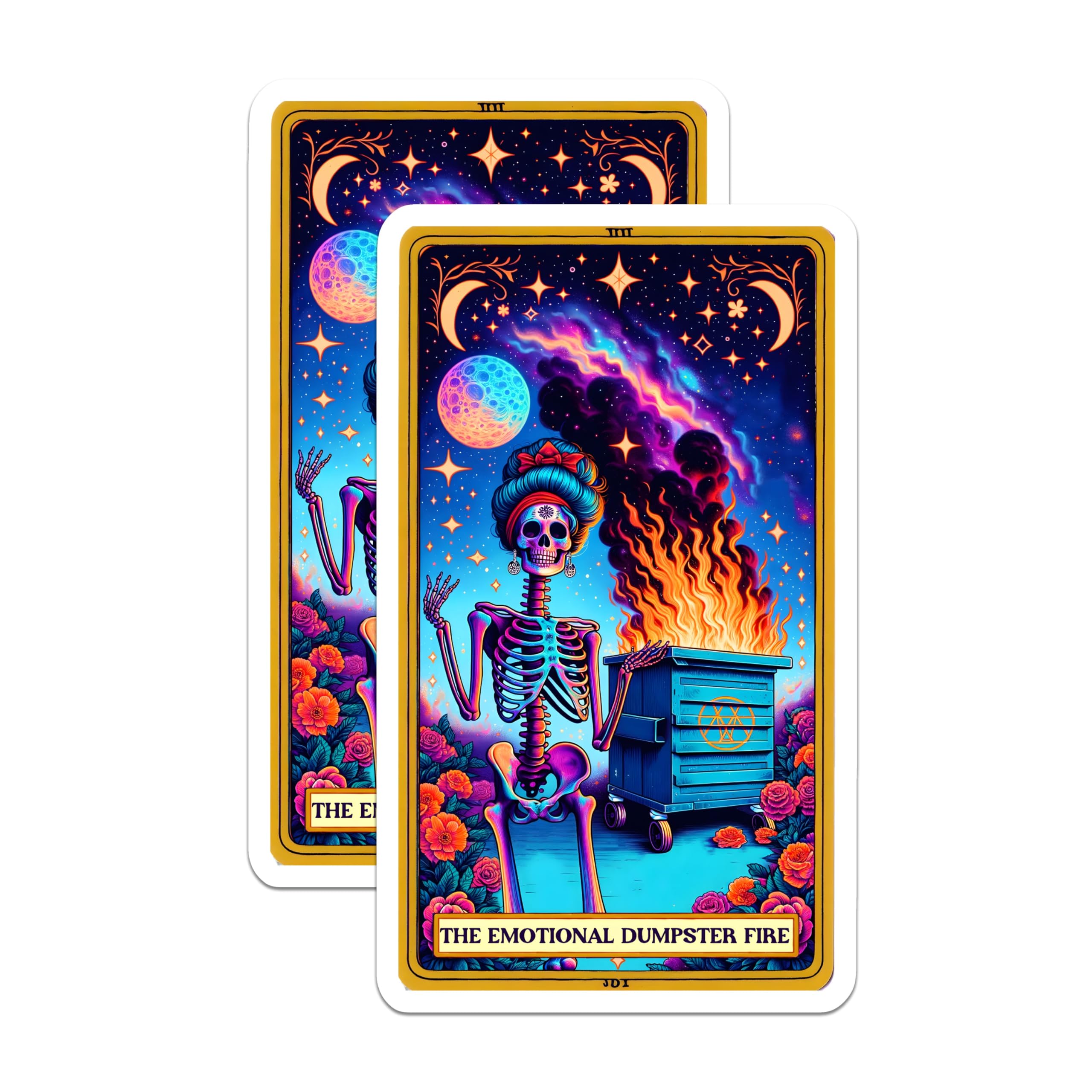 (2 Pack) Emotional Dumpster Fire Magnets - Skeleton Tarot Card Art - Humorous Cosmic Decor - 5 Inches On Longest Side - Thick Durable Magnet - Made in USA - MAG23026