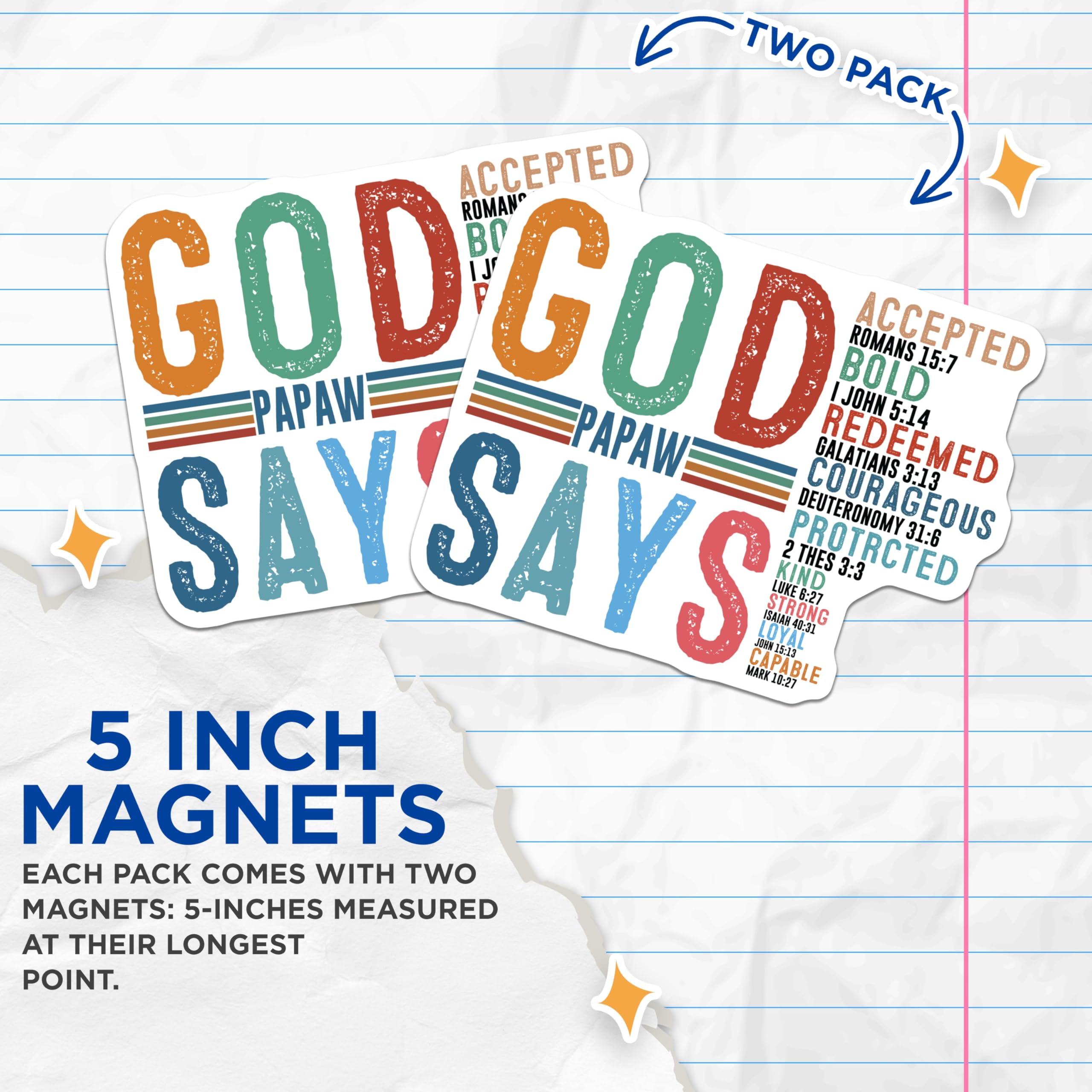 (2 Pack) Papaw God Says Magnets - Christian Scripture Inspiration - Grandpa Faith Affirmation - 5 Inches On Longest Side - Thick Durable Magnet - Made in USA - MAG24486