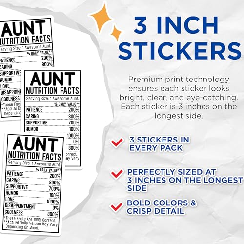 (3 Pack) Aunt Nutrition Facts Decals - Awesome Aunt - Fun Laptop Decals - 3 Inches On Longest Side - Easy Peel & Apply - Made in USA - 3MCS2589