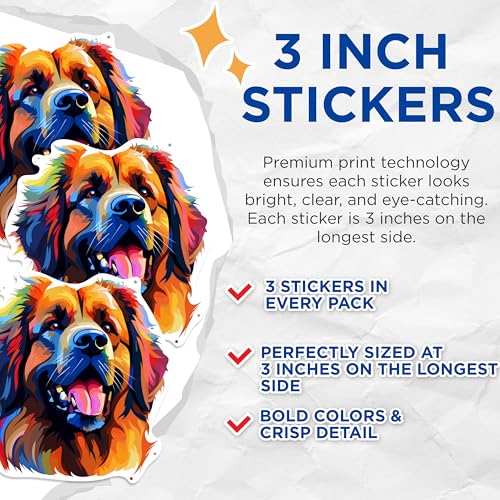 (3 Pack) Leonberger Dog Decals - Colorful Dog Stickers - Laptop Decals - 3 Inches On Longest Side - Easy Peel & Apply - Made in USA - 3MCS0766