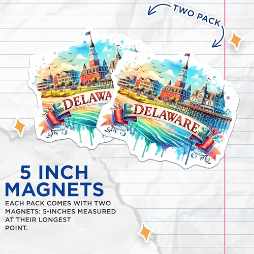 (2 Pack) Delaware State Magnets - Colorful Delaware Souvenir - Scenic State Illustration - 5" On Longest Side - for Cars, Fridges, Toolboxes - Made in USA - MAG6822