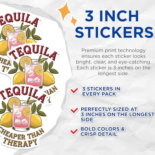 (3 Pack) Tequila Cheaper Than Therapy Decals - Pink Drink Stickers - Laptop Decal- 3 Inches On Longest Side - Easy Peel & Apply - Made in USA - 3MCS5609
