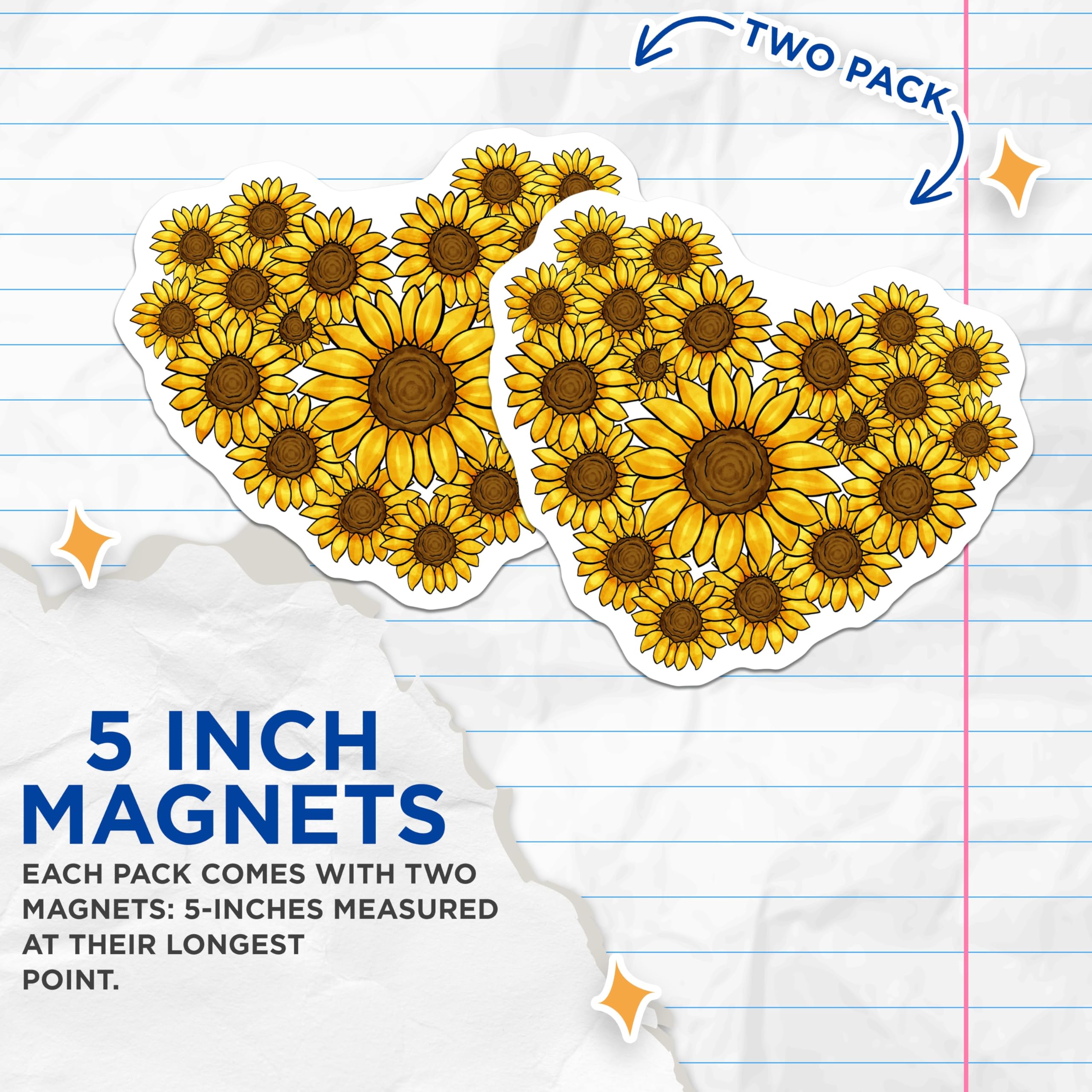 (2 Pack) Sunflower Heart Magnets - Floral Art Design - Kitchen Office Decor - 5" On Longest Side - Premium Magnet - for Cars, Refrigerators, Toolboxes, Lockers - Made in USA - MAG17981