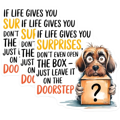 (3 Pack) Funny Dog Decals - Surprise Box - Sarcastic Saying Decals - 3 Inches On Longest Side - Easy Peel & Apply - Made in USA - 3MCS7514