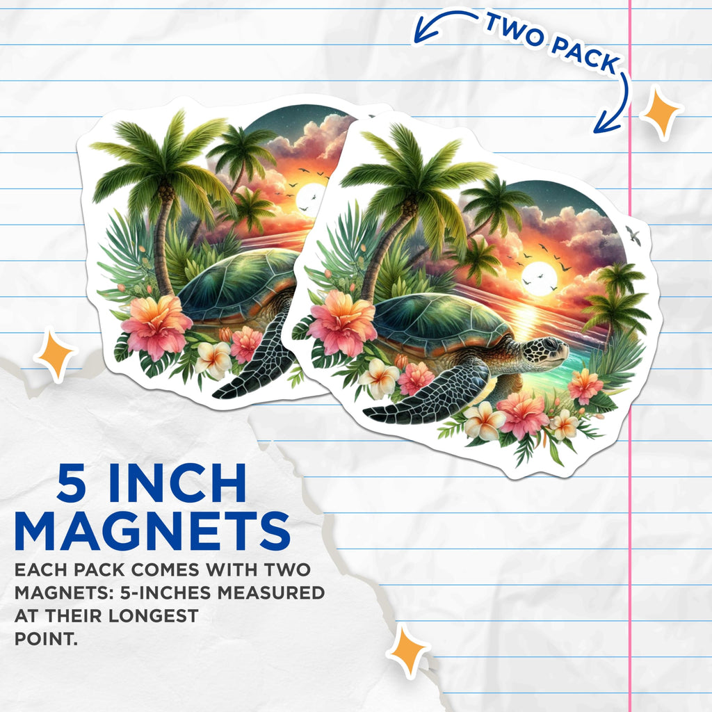 (2 Pack) Sea Turtle Magnets - Tropical Sunset Beach Decor - Ocean Life Refrigerator Art - Hawaii Palm Tree Accent - 5 Inches On Longest Side - Thick Durable Magnet - Made in USA - MAG21745