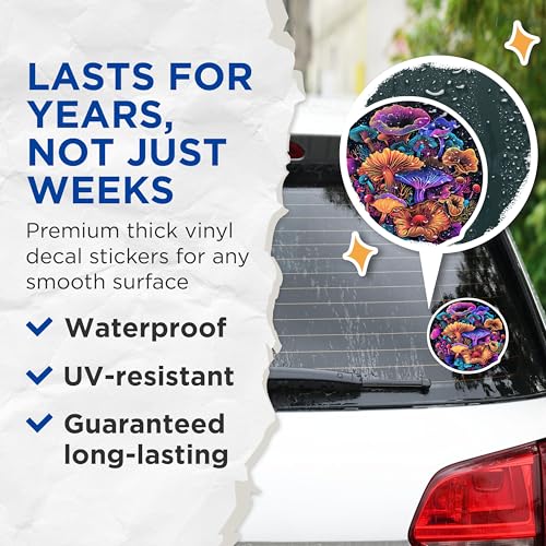 (2 Pack) Vibrant Mushroom Stickers - Trippy Fungi Sticker - Colorful Psychedelic Art Stickers - 5" On Longest Side - Sticks to Smooth Flat Surfaces - Made in USA - BMCS6505
