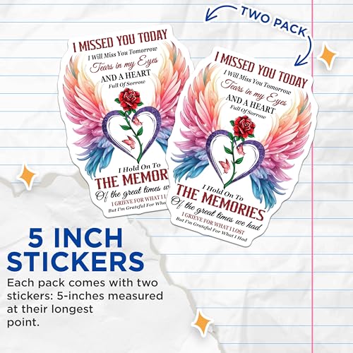 (2 Pack) I Missed You Today Stickers - Grief Awareness - Memorial Stickers - 5" On Longest Side - Sticks to Smooth Flat Surfaces - Made in USA - BMCS6105